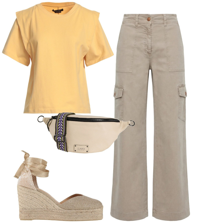 Outfit donna - I cargo neutri. Stile Casual chic per Tutti i giorni. Abbinamento con t-shirt, espadrillas, marsupi, pantaloni cargo.