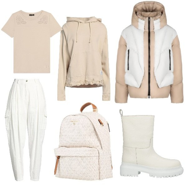 Outfit donna - come in montagna. Stile Urban per Tutti i giorni. Abbinamento con felpe con cappuccio, zaini, pantaloni cargo, stivaletti, t-shirt, piumini.