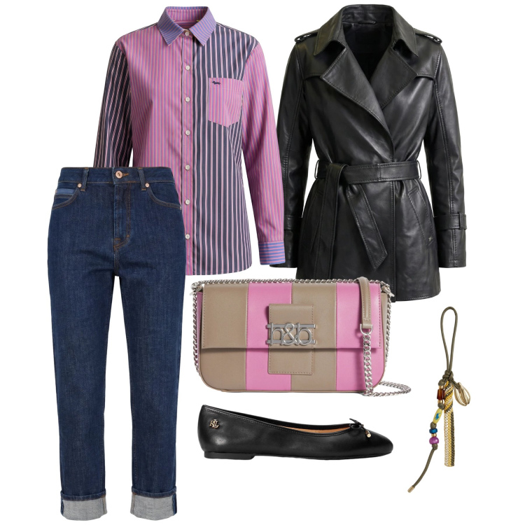 Outfit donna - Marzo. Stile Casual chic per Tutti i giorni. Abbinamento con giacche, camicie, borse a spalla, jeans, ballerine, braccialetti.