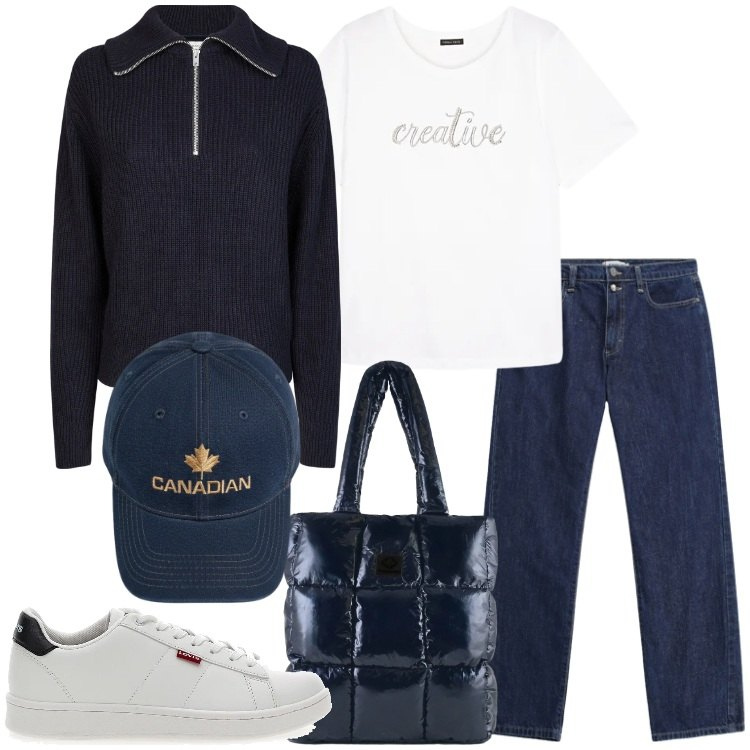 Outfit donna - Classic casual. Stile Casual per Scuola/Università. Abbinamento con t-shirt, pantaloni, shopping bag, berretti, maglieria, sneakers.