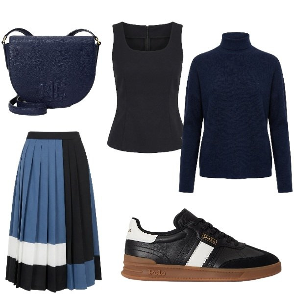 Outfit donna - weekend in blue. Stile Preppy per Tutti i giorni. Abbinamento con gonne longuette, maglieria, top, sneakers, borse a tracolla.