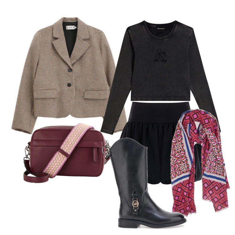 Outfit donna - Marzo. Stile Trendy per Tutti i giorni. Abbinamento con borse a tracolla, t-shirt, blazer, minigonne, stivaletti, foulard.