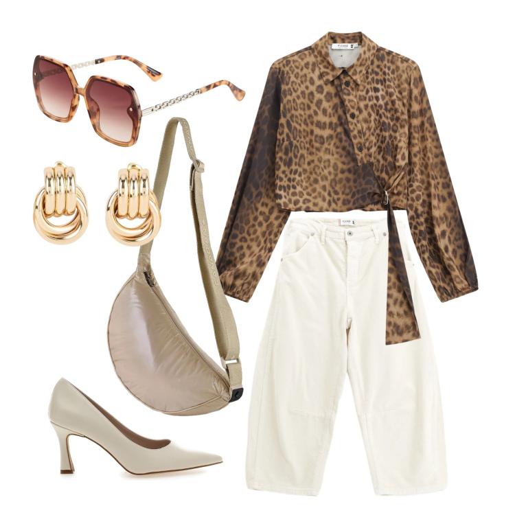 Outfit donna - Marzo. Stile Glamour per Tutti i giorni. Abbinamento con occhiali da sole, orecchini, camicie, pantaloni, borse sportive, décolleté.