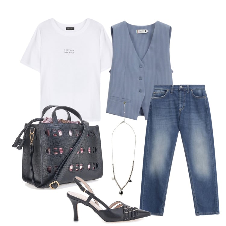 Outfit donna - Marzo. Stile Trendy per Tutti i giorni. Abbinamento con t-shirt, jeans dritti, gilet, ciondoli, borse a mano, décolleté.
