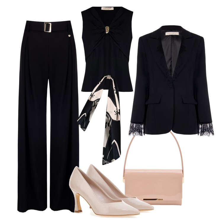Outfit donna - Chic in black. Stile Chic per Serata fuori. Abbinamento con pantaloni, sciarpe, top, blazer, pochette, décolleté.