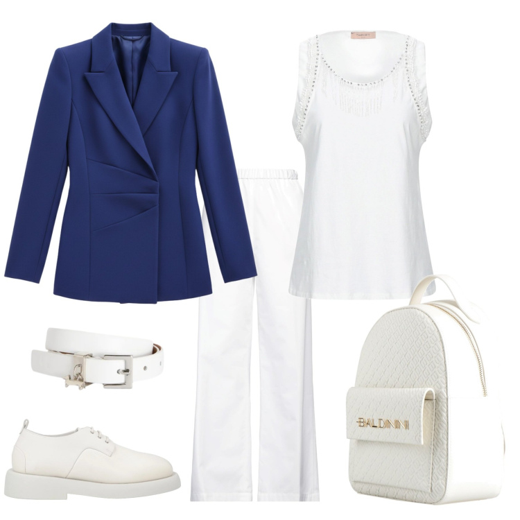 Outfit donna - Total look #2350698. Stile Casual chic per Ufficio. Abbinamento con top, zaini, pantaloni, scarpe stringate, cinture, blazer.