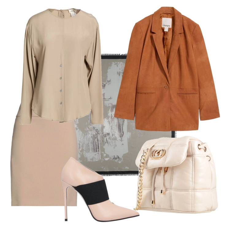 Outfit donna - Total look #2350702. Stile Casual chic per Ufficio. Abbinamento con stivaletti, minigonne, sciarpe, camicie, valigie, blazer.