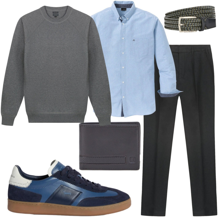 Outfit uomo - Maglioncino estivo. Stile Trendy Abbinamento con camicie, sneakers, cinture, portafogli, maglieria, pantaloni.
