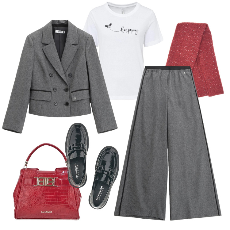 Outfit donna - Saldi fine stagione. Stile Trendy per Ufficio. Abbinamento con t-shirt, pantaloni, blazer, mocassini, borse a mano, sciarpe.