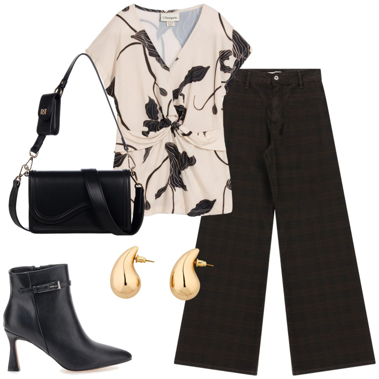 Outfit donna - Marzo. Stile Urban per Tutti i giorni. Abbinamento con bluse, orecchini, pantaloni a palazzo, pochette, stivaletti.