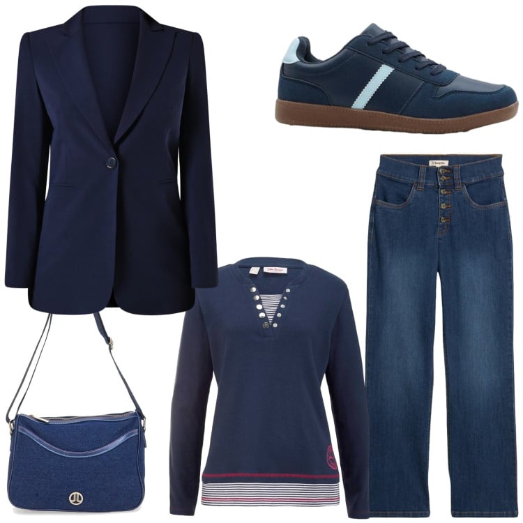 Outfit donna - Spring blazer. Stile Casual chic per Tutti i giorni. Abbinamento con maglieria, sneakers, jeans dritti, blazer, borse a tracolla.