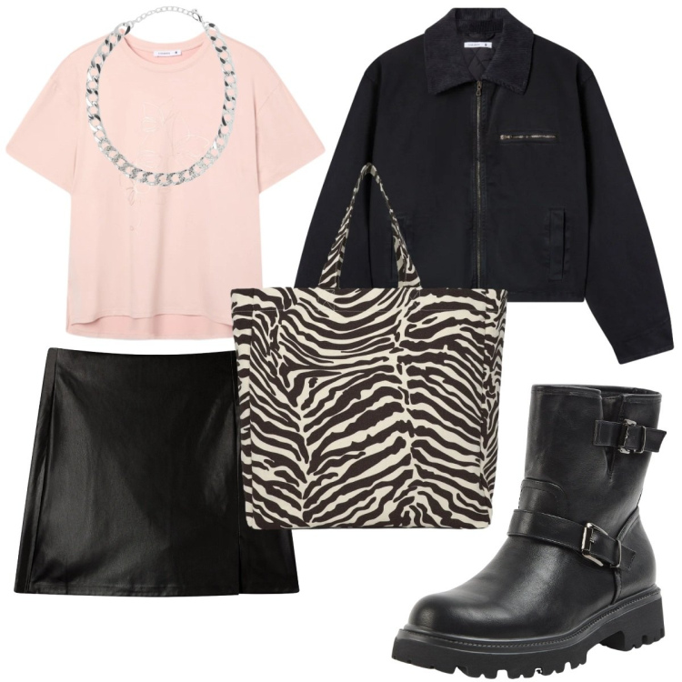 Outfit donna - Animalier discreto. per Tutti i giorni. Abbinamento con stivaletti, collane, cappotti, shopping bag, minigonne, t-shirt.