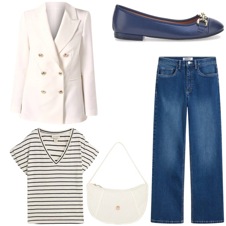 Outfit donna - Parisienne vibes. Stile Chic per Tutti i giorni. Abbinamento con maglieria, jeans, borse a mano, blazer, ballerine.