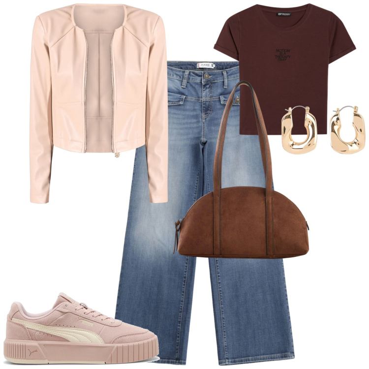 Outfit donna - City. Stile Casual chic per Tutti i giorni. Abbinamento con borse a tracolla, orecchini, jeans, t-shirt, giacche, sneakers.