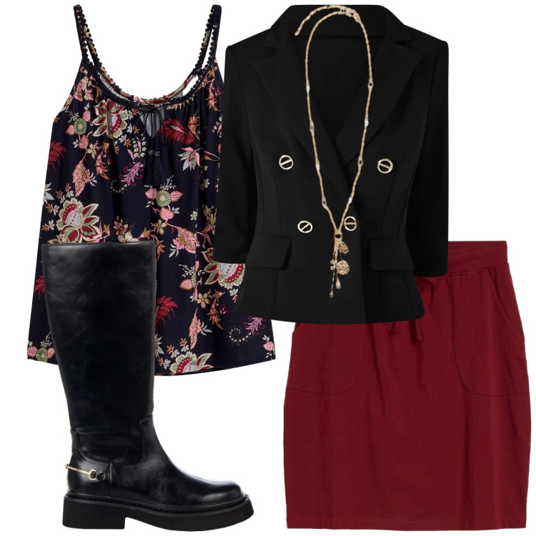 Outfit donna - Rosso e fiori. per Tutti i giorni. Abbinamento con top, gonne, ciondoli, blazer, stivali sopra il ginocchio.