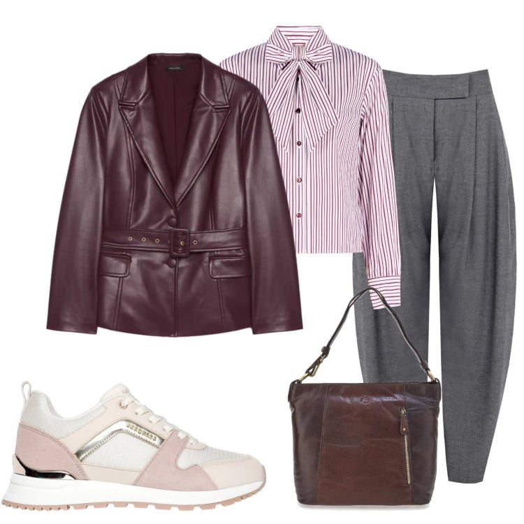 Outfit donna - Giacca ecopelle. Stile Casual chic per Ufficio. Abbinamento con blazer, pantaloni, camicie, sneakers, borse a spalla.