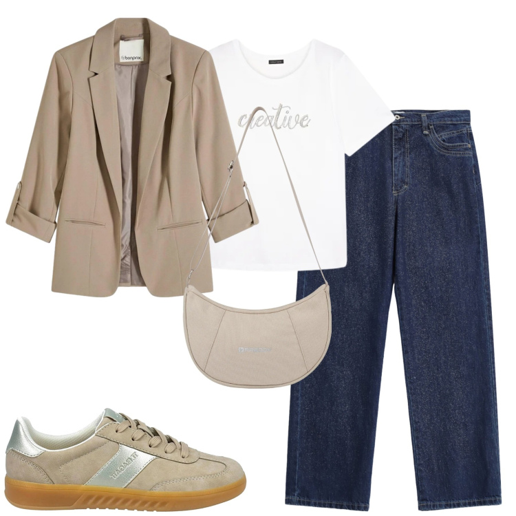 Outfit donna - City. Stile Urban per Tutti i giorni. Abbinamento con blazer, t-shirt, borse a spalla, jeans dritti, sneakers.