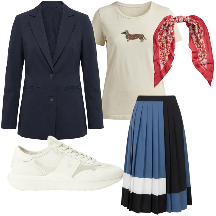 Outfit donna - Pranzo domenicale. Stile Casual chic per Tutti i giorni. Abbinamento con gonne longuette, t-shirt, blazer, sneakers, foulard.