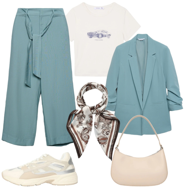 Outfit donna - Terranova spring. Stile Casual chic per Ufficio. Abbinamento con blazer, pantaloni a palazzo, foulard, sneakers, t-shirt, borse a tracolla.