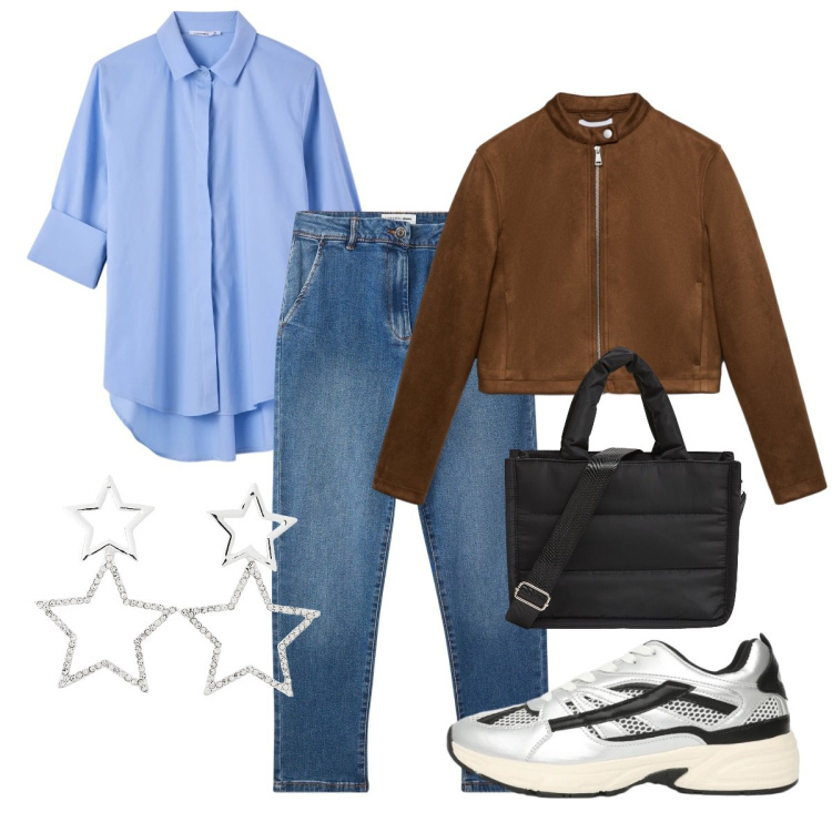 Outfit donna - Mannish. Stile Mannish per Tutti i giorni. Abbinamento con giacche, jeans skinny, camicie, shopping bag, sneakers, orecchini.