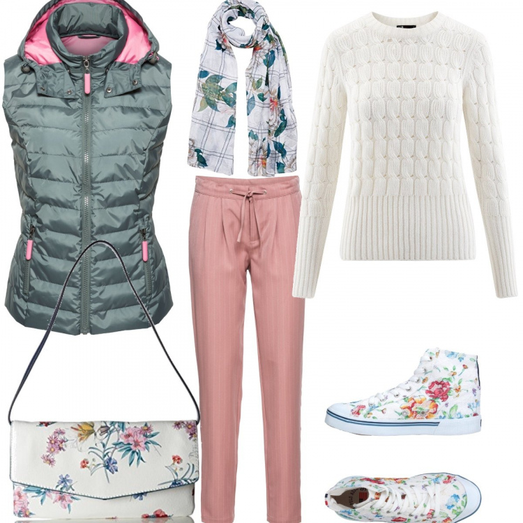Outfit donna - #mi vesto bene con poco. Stile Trendy per Tutti i giorni. Abbinamento con gilet, pantalone a righe, sneakers tennis con pizzo contrasto senza tacco con punta tonda, maglione a trecce aderente bianco, borsa a tracolla navy, sciarpa bianco.