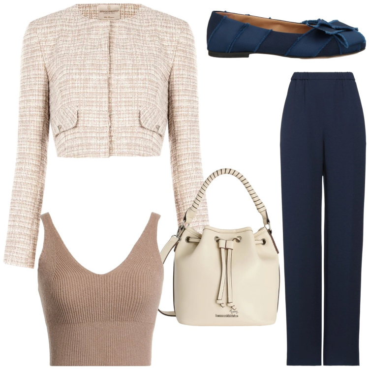 Outfit donna - Tweed jacket. Stile Chic per Cerimonia. Abbinamento con pantaloni, ballerine, top, borse a secchiello, blazer.