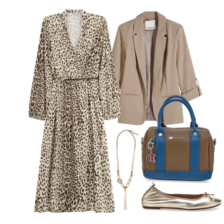Outfit donna - Marzo. Stile Glamour per Tutti i giorni. Abbinamento con blazer, ciondoli, vestiti midi/longuette, ballerine, borse a mano.