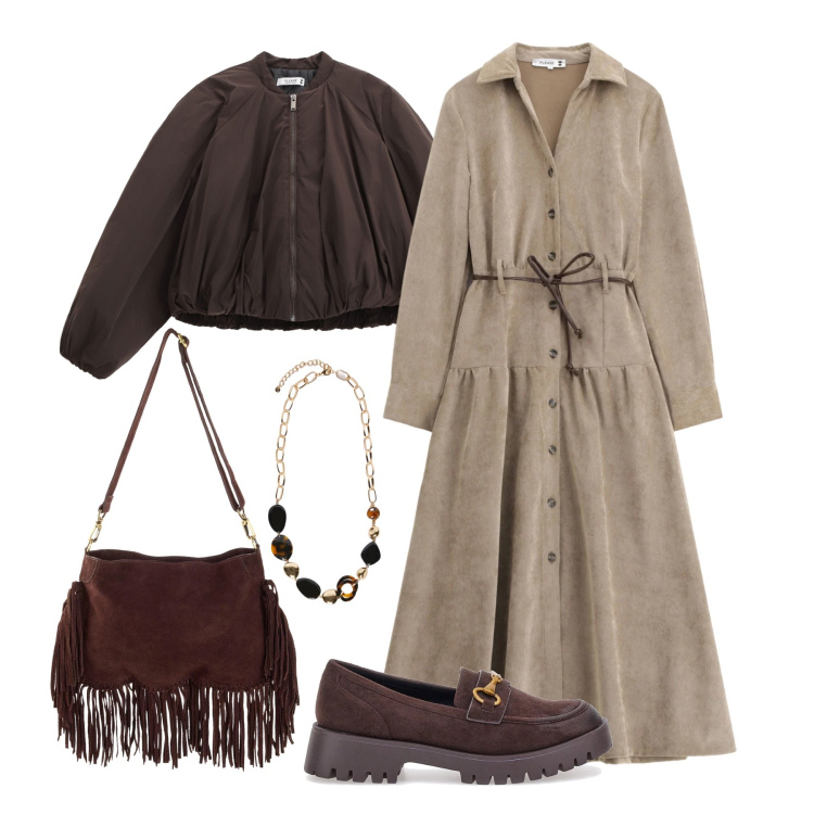 Outfit donna - Marzo. Stile Trendy per Tutti i giorni. Abbinamento con borse a tracolla, collane, vestiti lunghi, cappotti, mocassini.