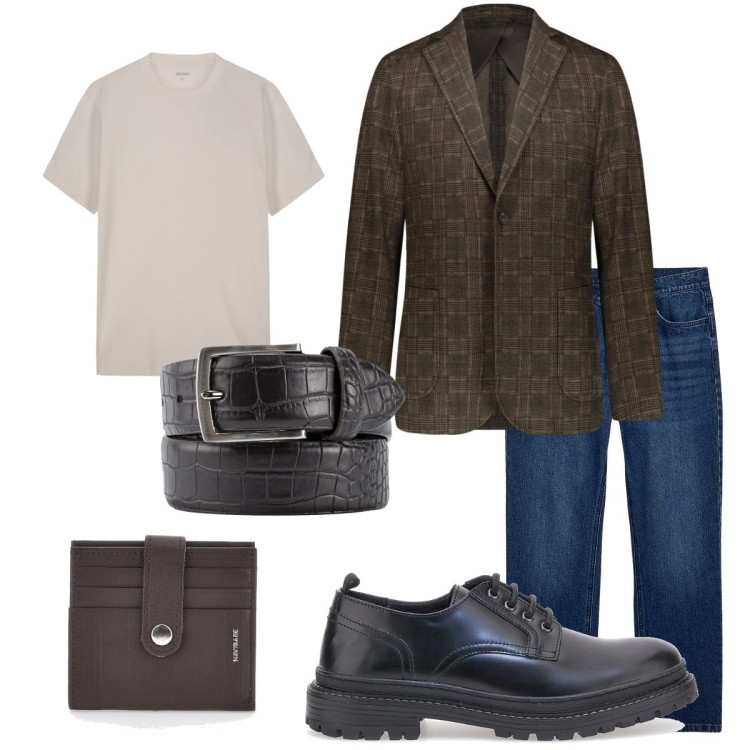 Outfit uomo - Blazer e t-shirt. Stile Casual per Tutti i giorni. Abbinamento con jeans dritti, portafogli, giacche, t-shirt, cinture, scarpe stringate.
