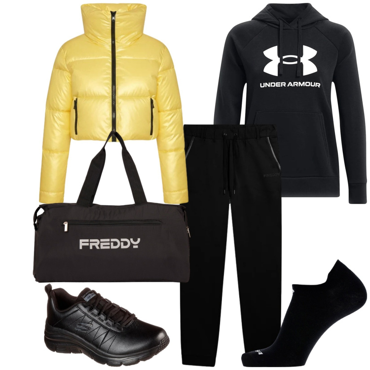 Outfit donna - Total look #2350738. Stile Sporty chic per Sport. Abbinamento con calzini, borse sportive, pantaloni, piumini, felpe con cappuccio, sneakers.