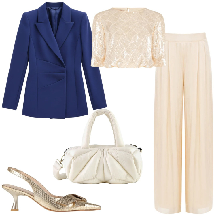 Outfit donna - Blazer di primavera. Stile Chic per Cerimonia. Abbinamento con décolleté, blazer, top, pantaloni a palazzo, borse a mano.