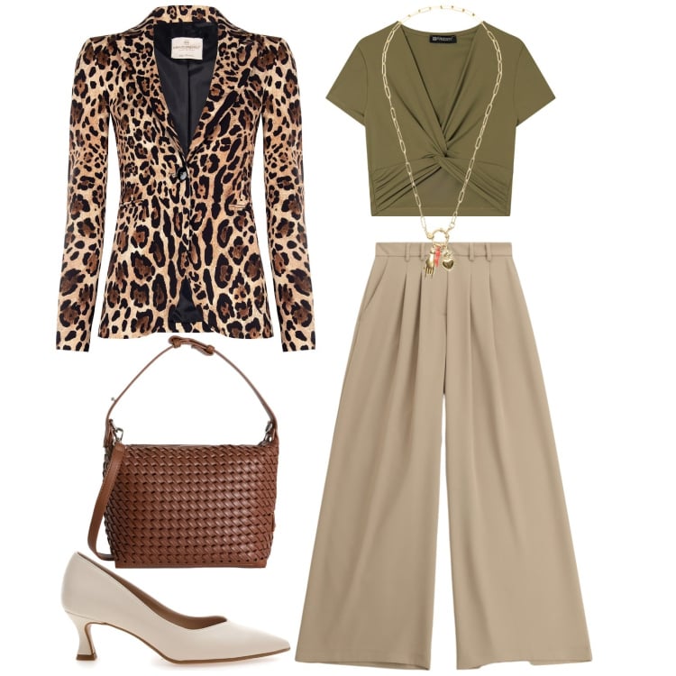 Outfit donna - Total look #2350743. Stile Casual chic per Serata fuori. Abbinamento con borse a spalla, pantaloni a palazzo, blazer, ciondoli, t-shirt, décolleté.