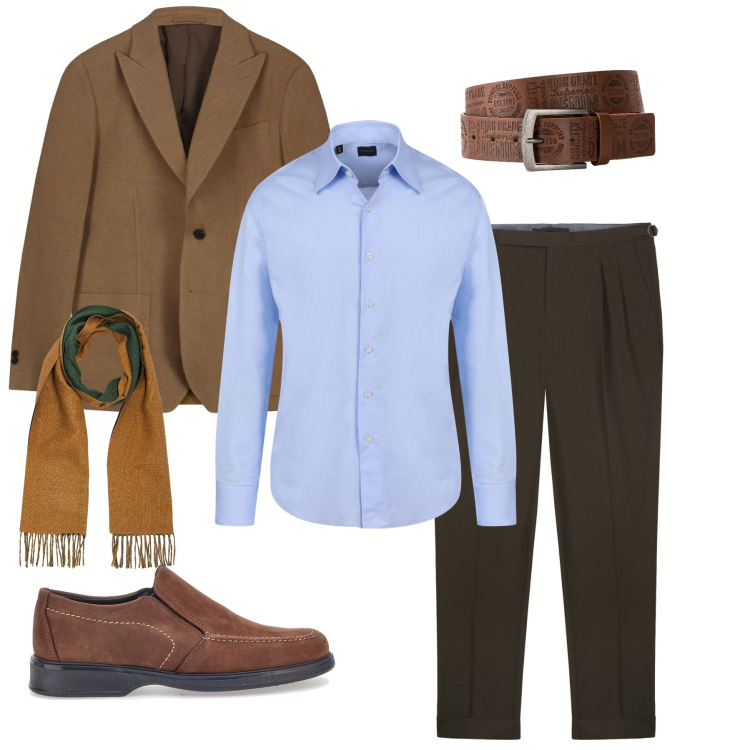 Outfit uomo - Sartoria d\'Autunno. Stile Business/Elegante per Ufficio. Abbinamento con cinture, camicie, pantaloni, scarpe stringate, sciarpe, giacche.