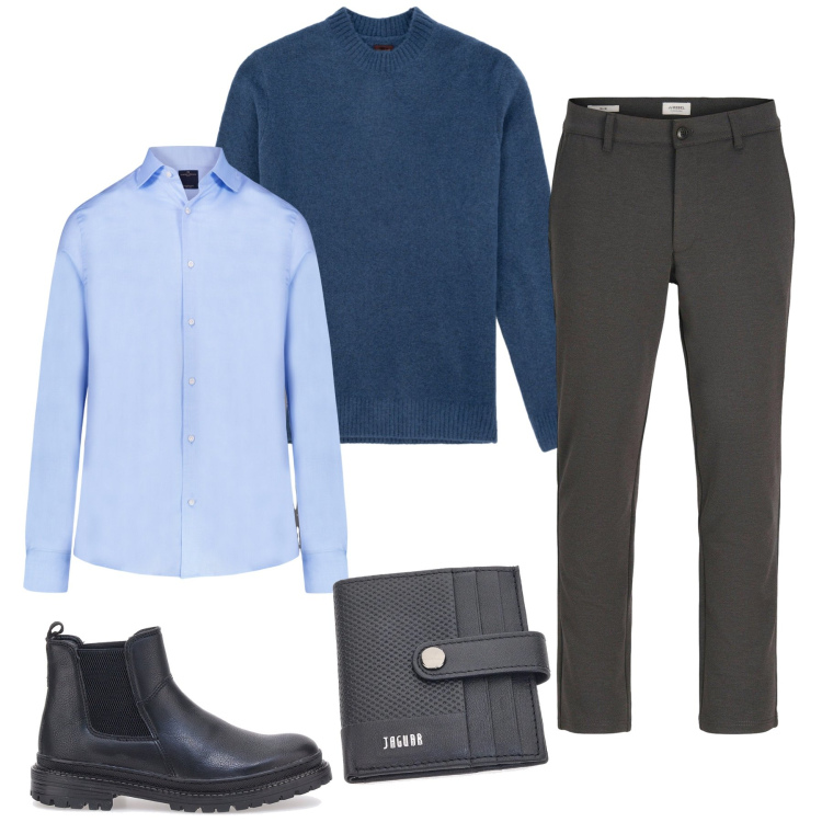 Outfit uomo - Deep Blue Essence. Stile Trendy per Ufficio. Abbinamento con pantaloni chino, camicie, portafogli, stivali e stivaletti, maglieria.