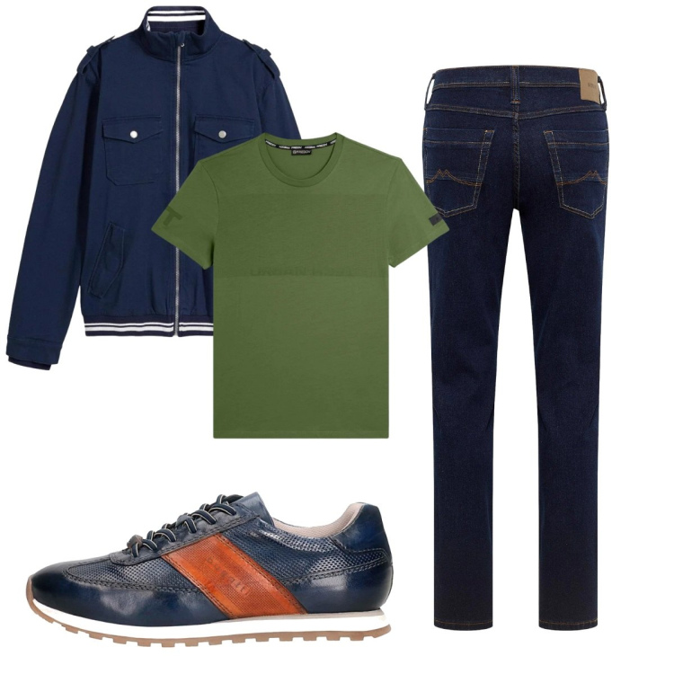 Outfit uomo - Verde e blu. Stile Urban per Tutti i giorni. Abbinamento con jeans dritti, giacche, t-shirt, scarpe stringate.