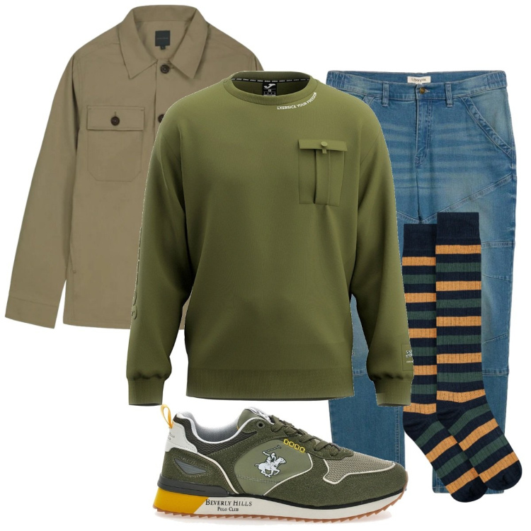 Outfit uomo - Man in green. Stile Casual per Tutti i giorni. Abbinamento con jeans dritti, calzini, felpe, cappotti, sneakers.