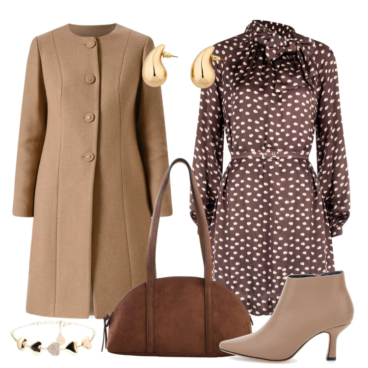 Outfit donna - L\'abito a pois. Stile Bon Ton per Tutti i giorni. Abbinamento con orecchini, borse a tracolla, cappotti, vestiti chemisier, braccialetti, stivaletti.