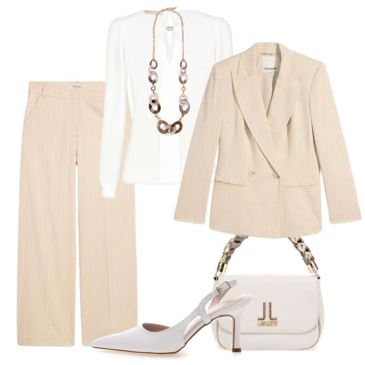 Outfit donna - Novità gessato soft nuance. Stile Glamour per Tutti i giorni. Abbinamento con pantaloni, blazer, collane, bluse, borse a tracolla, décolleté.