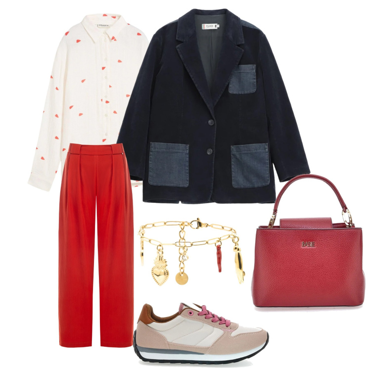 Outfit donna - Voglia di tenerezza. Stile Urban per Tutti i giorni. Abbinamento con camicie, braccialetti, blazer, pantaloni, sneakers, borse a mano.