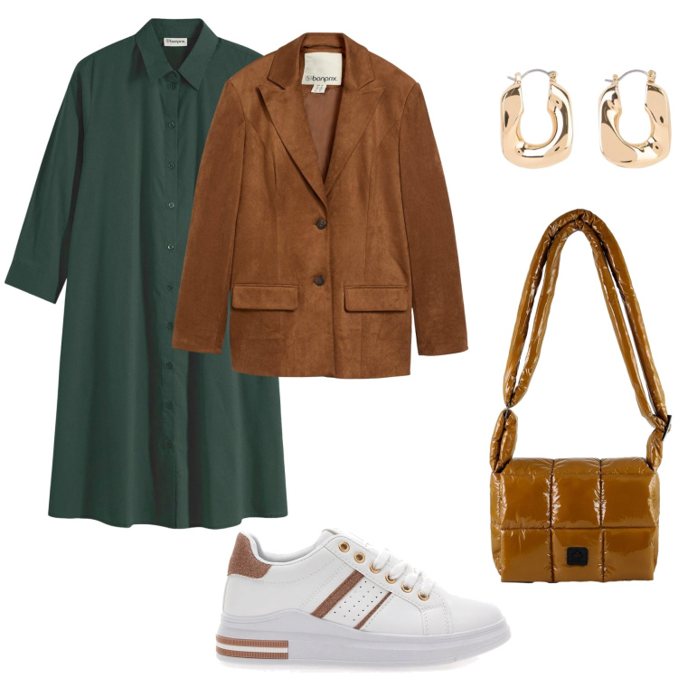 Outfit donna - Verde e camoscio. Stile Urban per Tutti i giorni. Abbinamento con vestiti chemisier, blazer, orecchini, borse a spalla, sneakers.