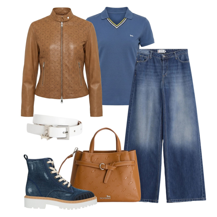 Outfit donna - Pelle e denim. Stile Sporty chic per Tutti i giorni. Abbinamento con stivaletti, giacche, borse a mano, polo, cinture, jeans.