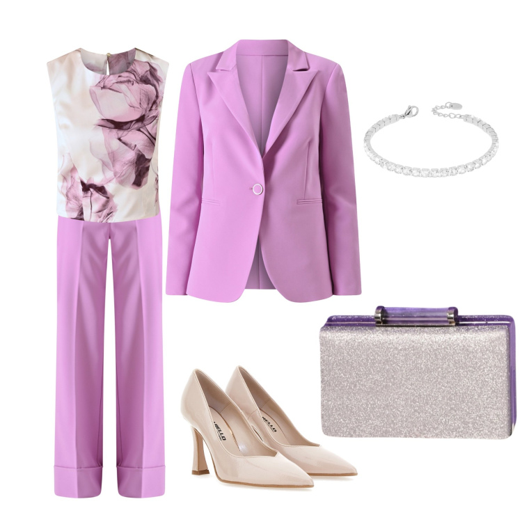 Outfit donna - La cena co Rosa. Stile Chic per Serata fuori. Abbinamento con blazer, top, pochette, pantaloni a palazzo, braccialetti, décolleté.