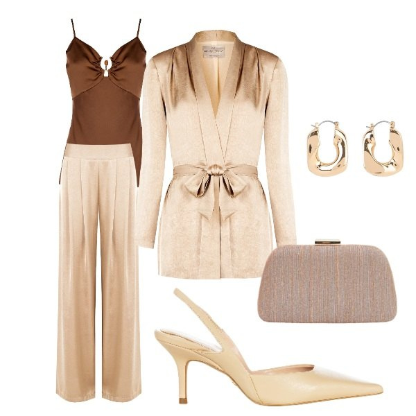 Outfit donna - Oro. Stile Chic per Serata fuori. Abbinamento con orecchini, pochette, canottiere, décolleté, blazer, pantaloni.