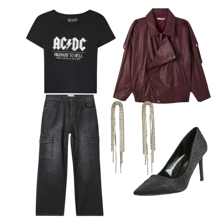 Outfit donna - Rock black end .... Stile Rock per Serata fuori. Abbinamento con t-shirt, jeans, orecchini, décolleté, giacche.