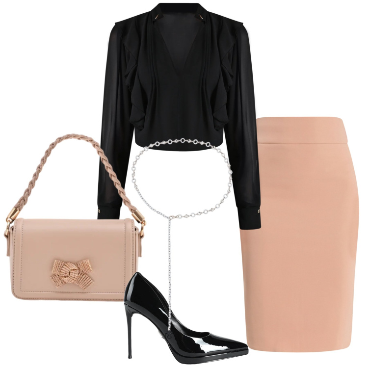 Outfit donna - Total look #2350770. Stile Chic per Serata fuori. Abbinamento con décolleté, gonne longuette, pochette, cinture, bluse.