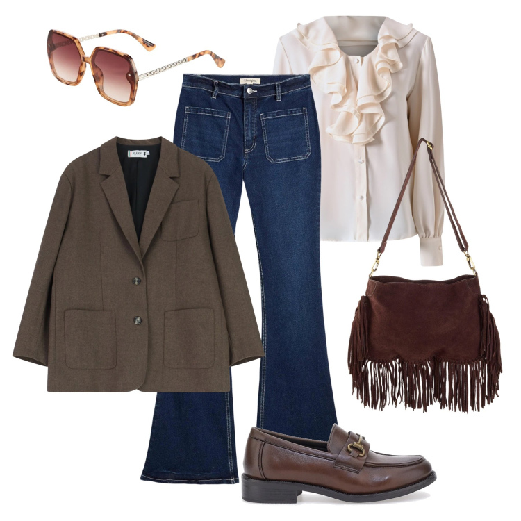 Outfit donna - 70\'s enthusiasts. Stile 70s per Tutti i giorni. Abbinamento con jeans bootcut, borse a tracolla, occhiali da sole, blazer, bluse, mocassini.