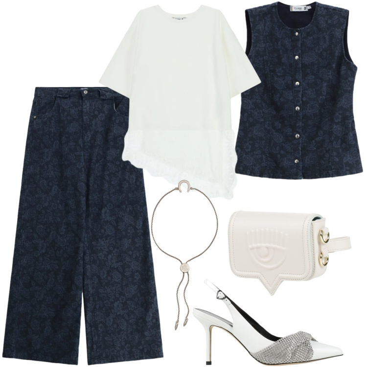 Outfit donna - Total look #2350773. Stile Chic per Cerimonia. Abbinamento con marsupi, décolleté, jeans, gilet, top, braccialetti con ciondoli.