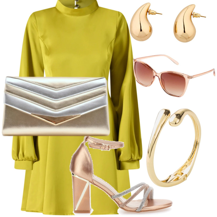 Outfit donna - Wedding guest. Stile Minimal per Cerimonia. Abbinamento con orecchini, braccialetti, occhiali da sole, pochette, vestiti corti, sandali col tacco.