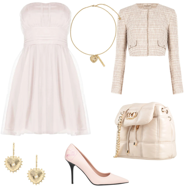 Outfit donna - Total look #2350779. Stile Romantica per Cerimonia. Abbinamento con décolleté, valigie, blazer, vestiti corti, orecchini, ciondoli.