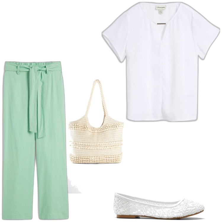 Outfit femme - Pistache. Style Basique pour Tous les jours. Assortir avec pantalon large en bas, tuniques, ballerines, sac cabas.